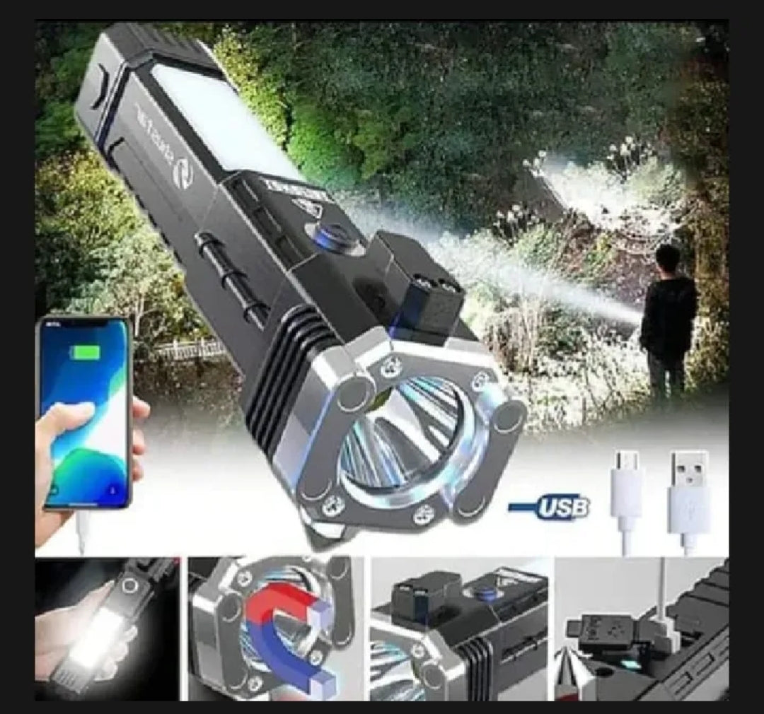 Multifunction 8in1 Portable Led Flashlight Rechargeable LED Torch Flashlight | Car Emergency Tool with Window Breaker Hammer | Cutter | Flashlight Household Rechargeable Ultra Strong Outdoor Bright Led Flashlight