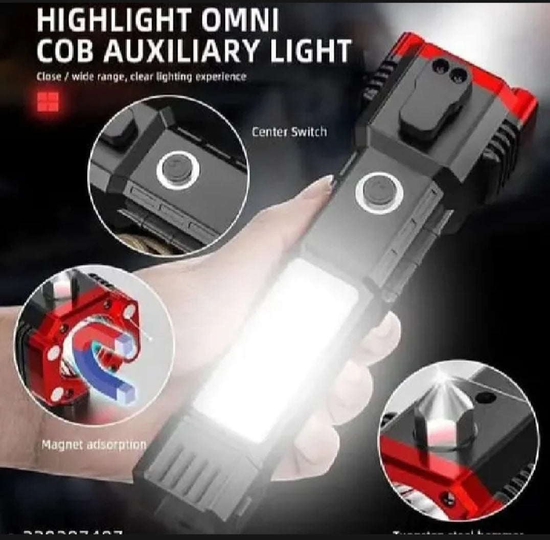 Multifunction 8in1 Portable Led Flashlight Rechargeable LED Torch Flashlight | Car Emergency Tool with Window Breaker Hammer | Cutter | Flashlight Household Rechargeable Ultra Strong Outdoor Bright Led Flashlight