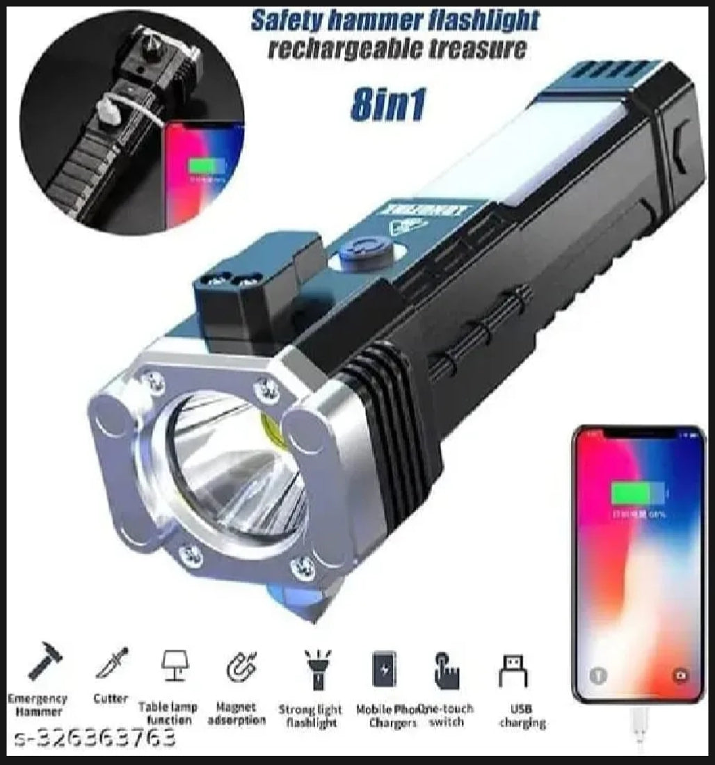 Multifunction 8in1 Portable Led Flashlight Rechargeable LED Torch Flashlight | Car Emergency Tool with Window Breaker Hammer | Cutter | Flashlight Household Rechargeable Ultra Strong Outdoor Bright Led Flashlight